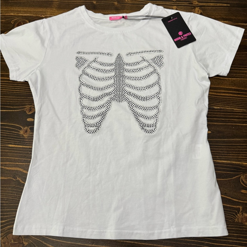 White T-Shirt with Rhinestone Ribcage Design
